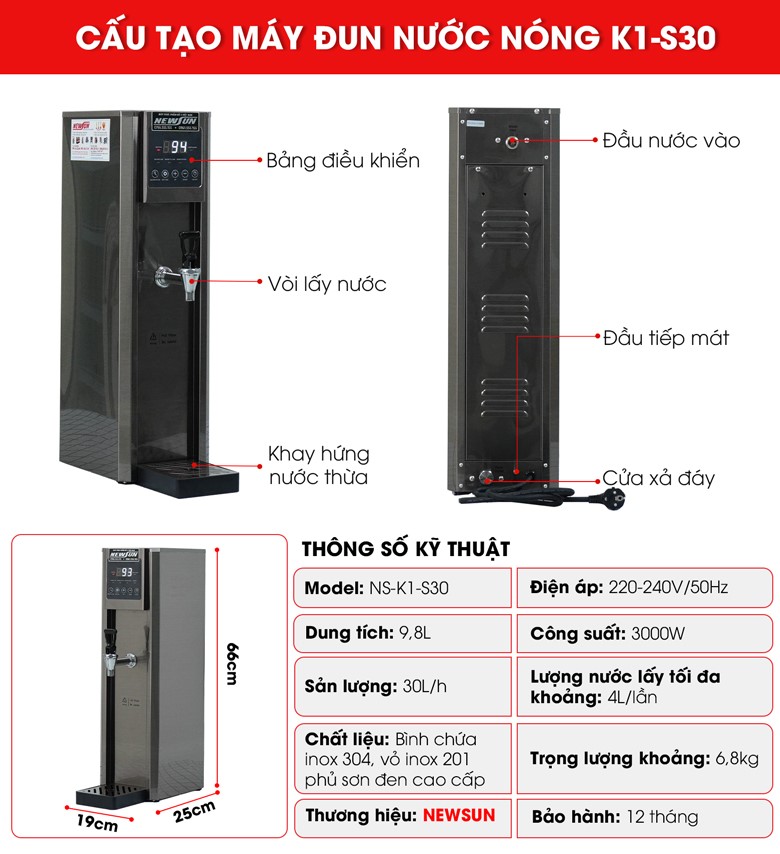 Cấu tạo máy đun nước nóng tự động K1-S30 Cấu tạo máy đun nước nóng tự động K1-S30