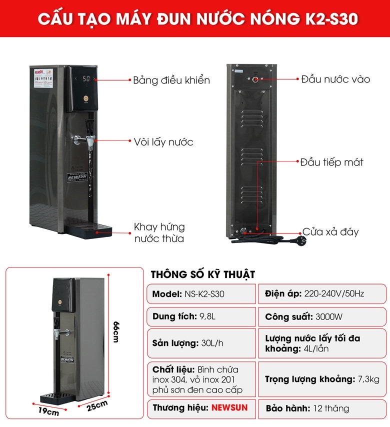 Cấu tạo máy đun nước nóng K2-S30