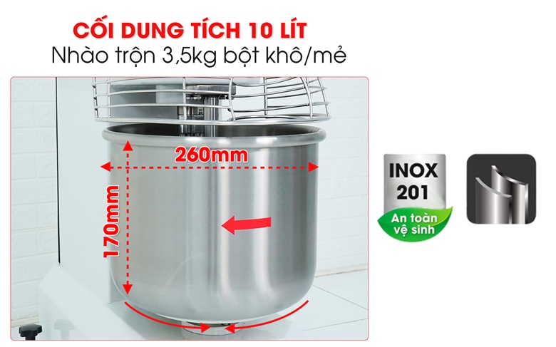 Cối trộn dung tích 10 lít, chất liệu inox 201 không han gỉ Cối trộn dung tích 10 lít, chất liệu inox 201 không han gỉ