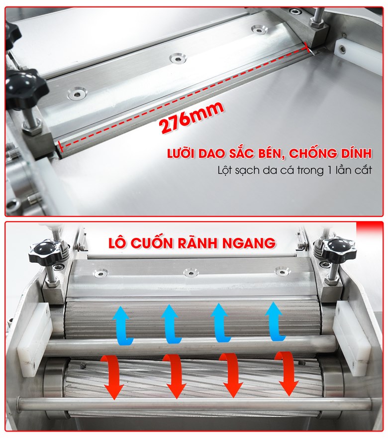 Lưỡi dao sắc bén kết hợp lô cuốn rãnh ngang, lột sạch da cá trong một lần cắt Lưỡi dao sắc bén kết hợp lô cuốn rãnh ngang, lột sạch da cá trong một lần cắt