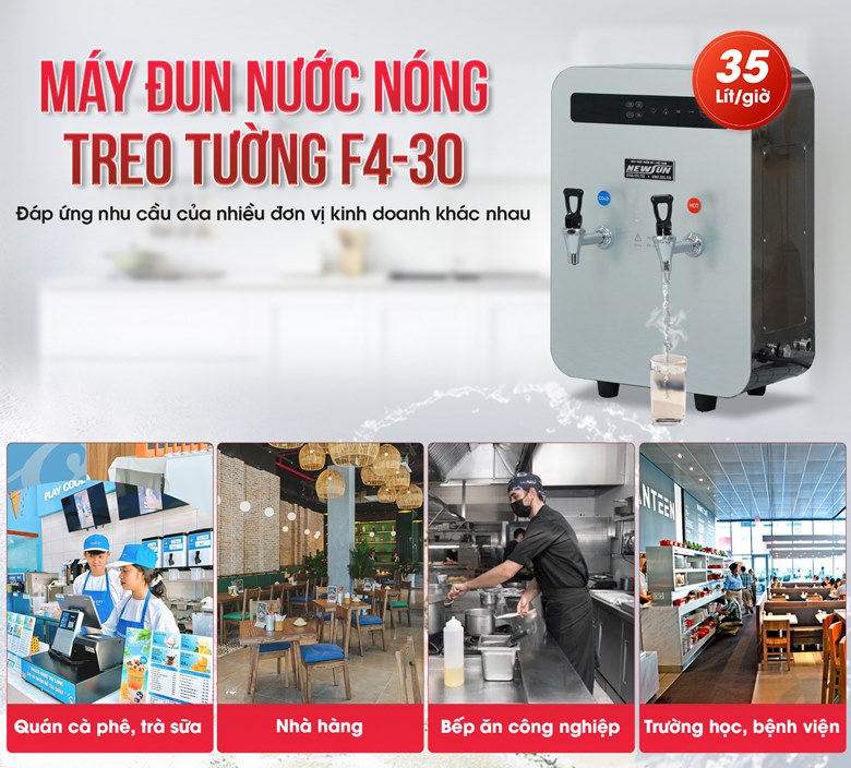 Máy đun nước nóng treo tường F4-30 được sử dụng trong các quán cà phê, nhà hàng, văn phòng,... Máy đun nước nóng treo tường F4-30 được sử dụng trong các quán cà phê, nhà hàng, văn phòng,...