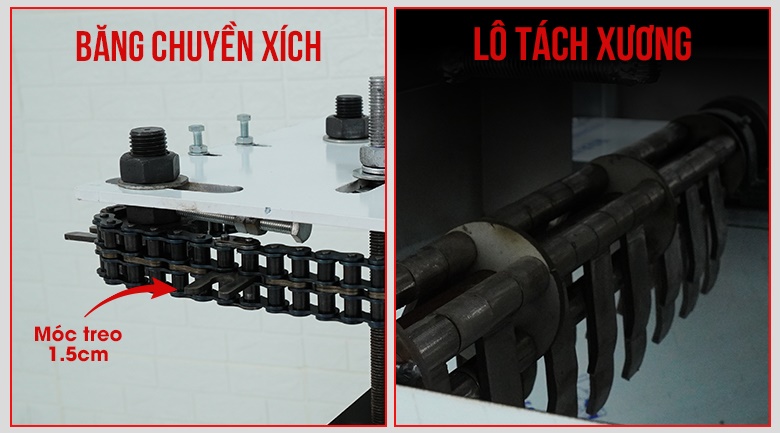 Băng chuyền xích chắc chắn và lô tách xương gồm nhiều thanh kim loại dẹt