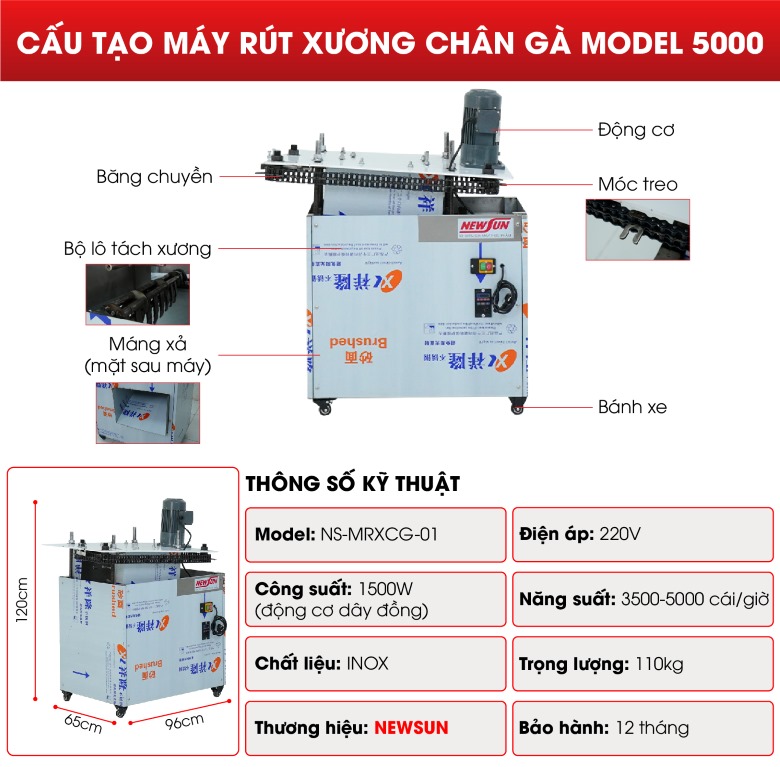 Cấu tạo máy rút xương chân gà model 5000