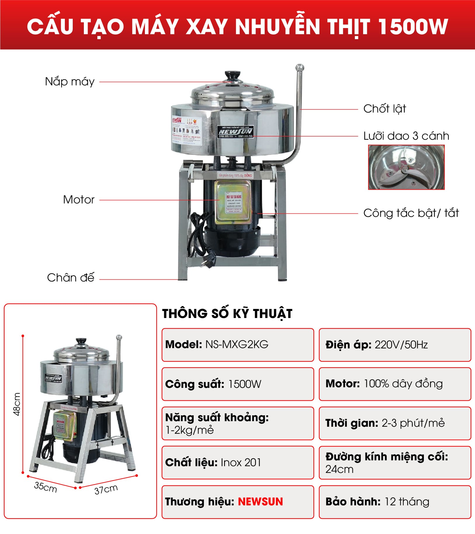 Cấu tạo máy xay nhuyễn thịt 1500W