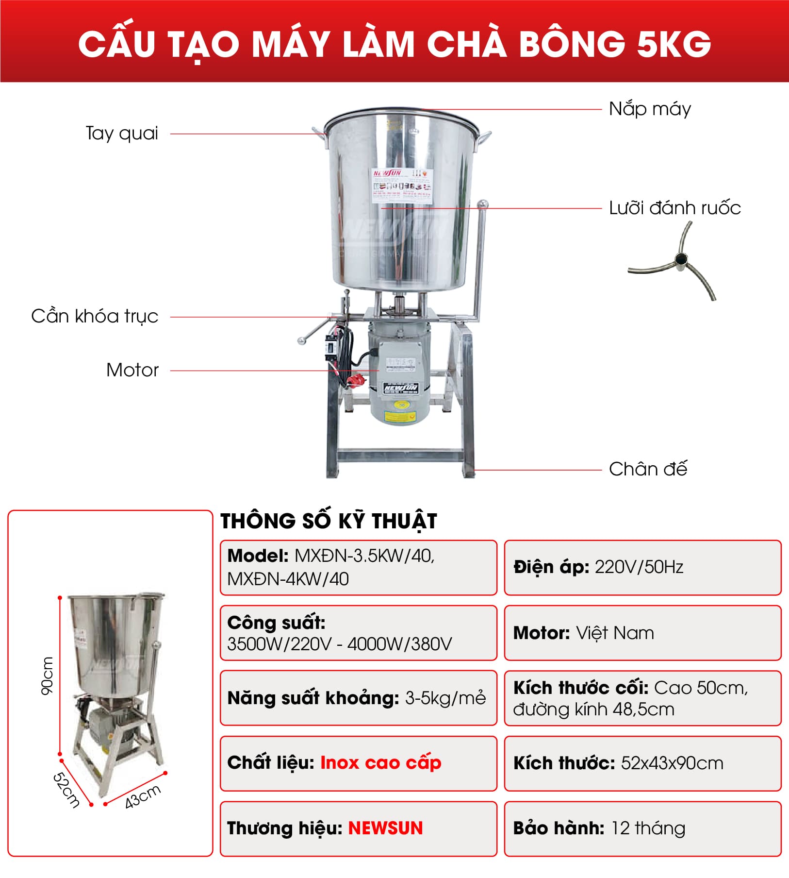 Cấu tạo của máy đánh chà bông 5kg