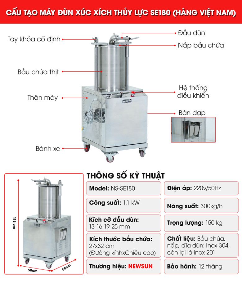 Cấu tạo máy đùn xúc xích SE180