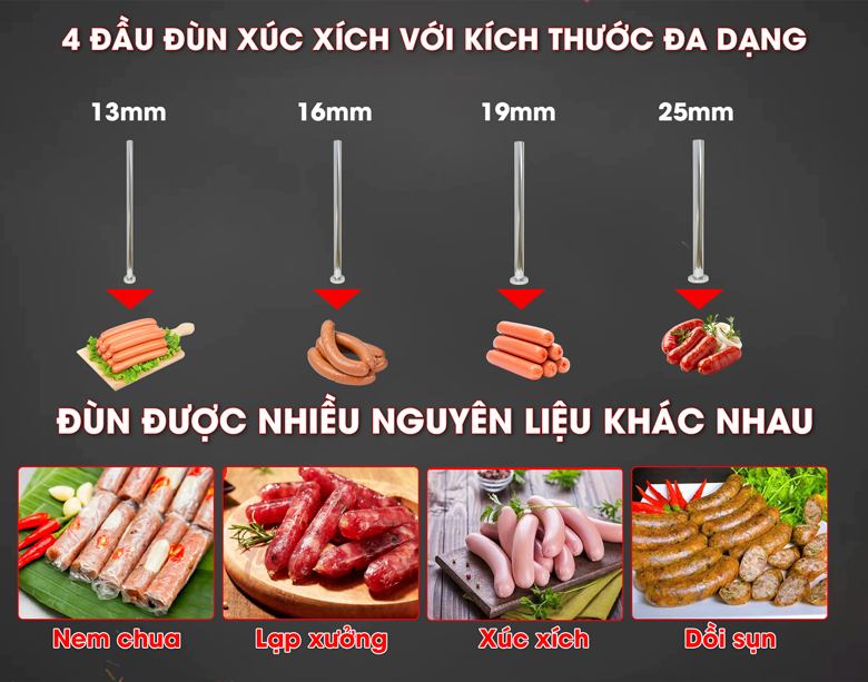 Các đầu đùn với kích thước đa dạng
