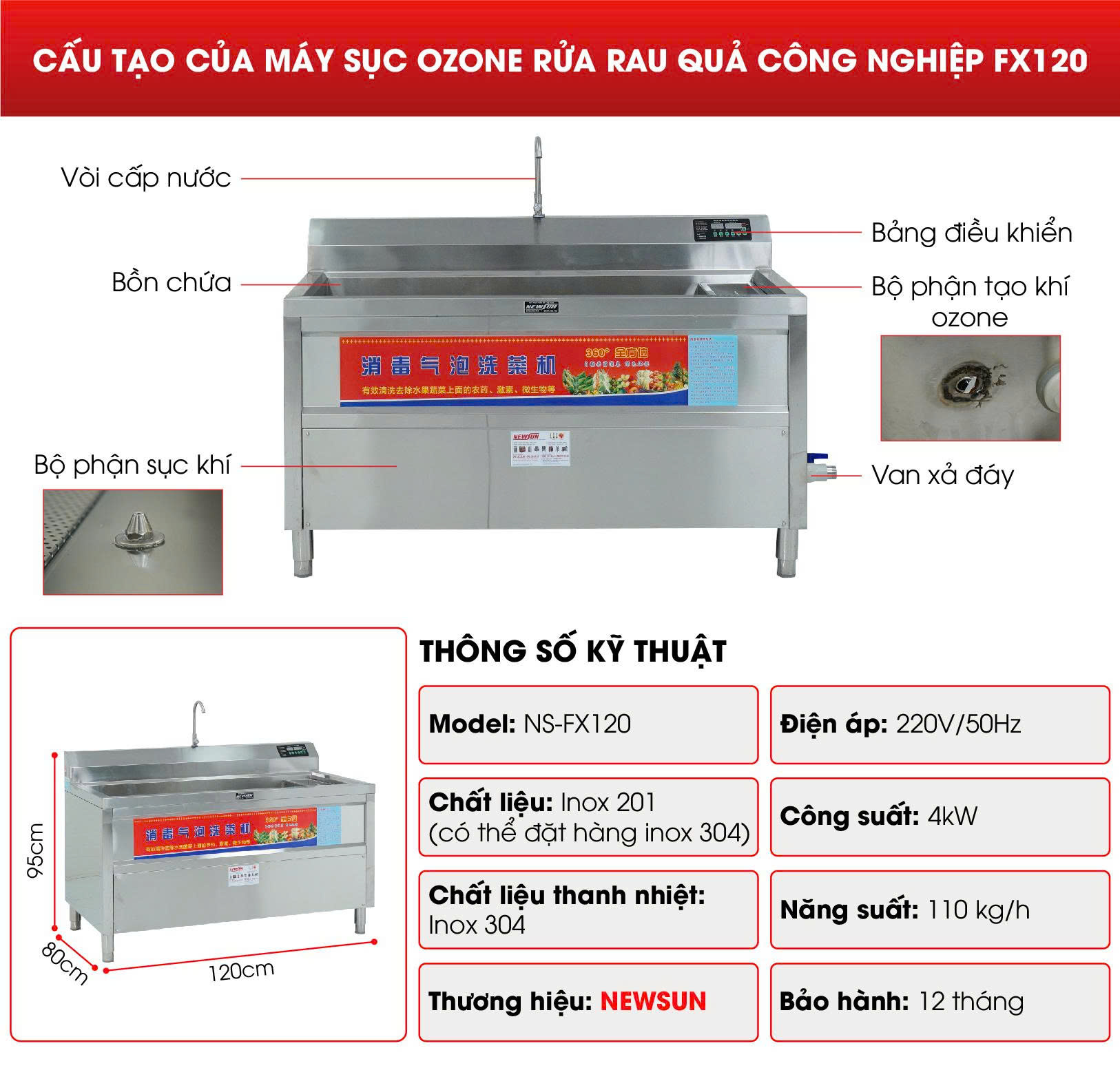 Cấu tạo chi tiết máy sục ozone rửa rau quả công nghiệp FX120