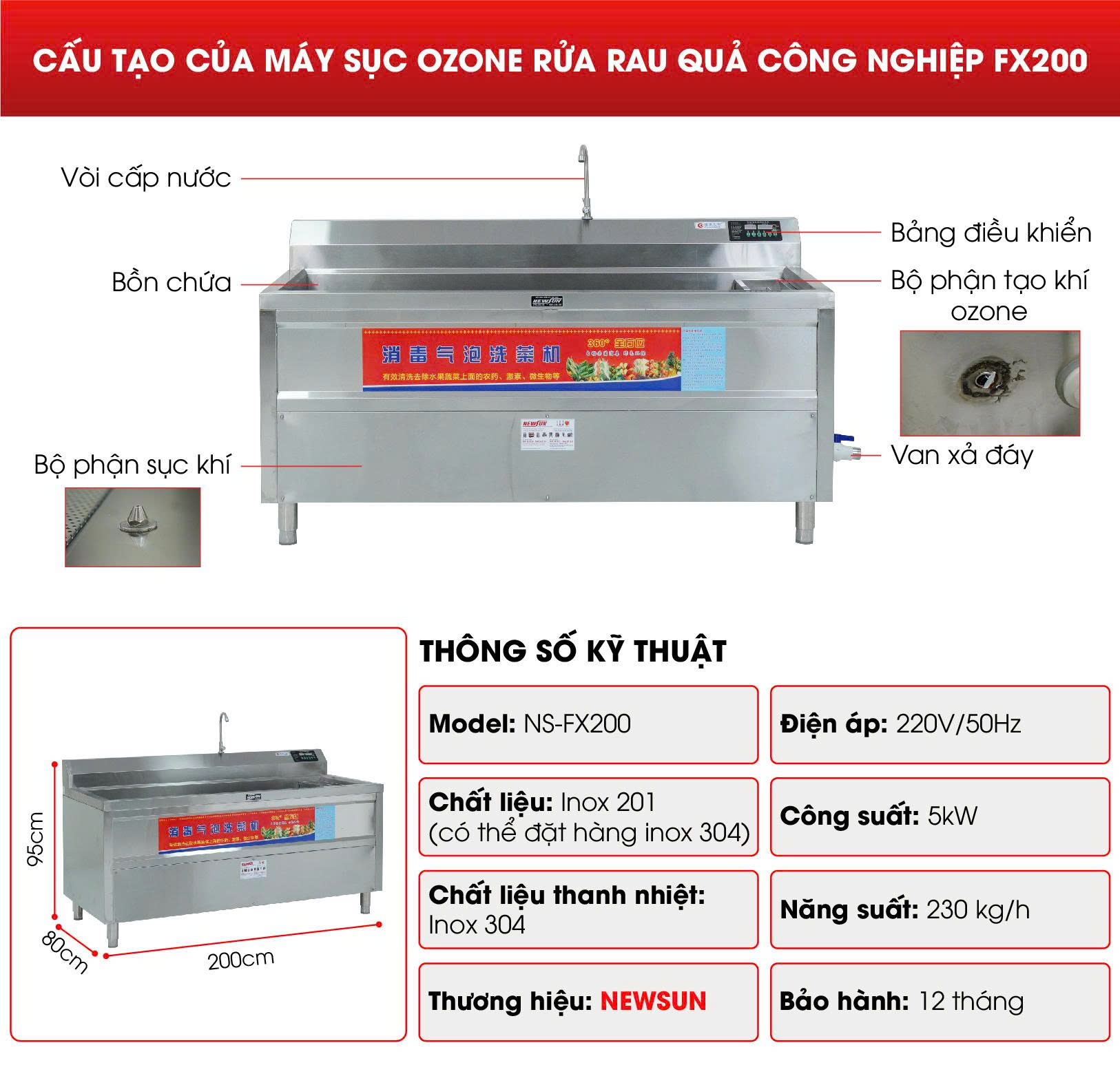 Chi tiết cấu tạo máy sục ozone rửa rau quả công nghiệp FX200