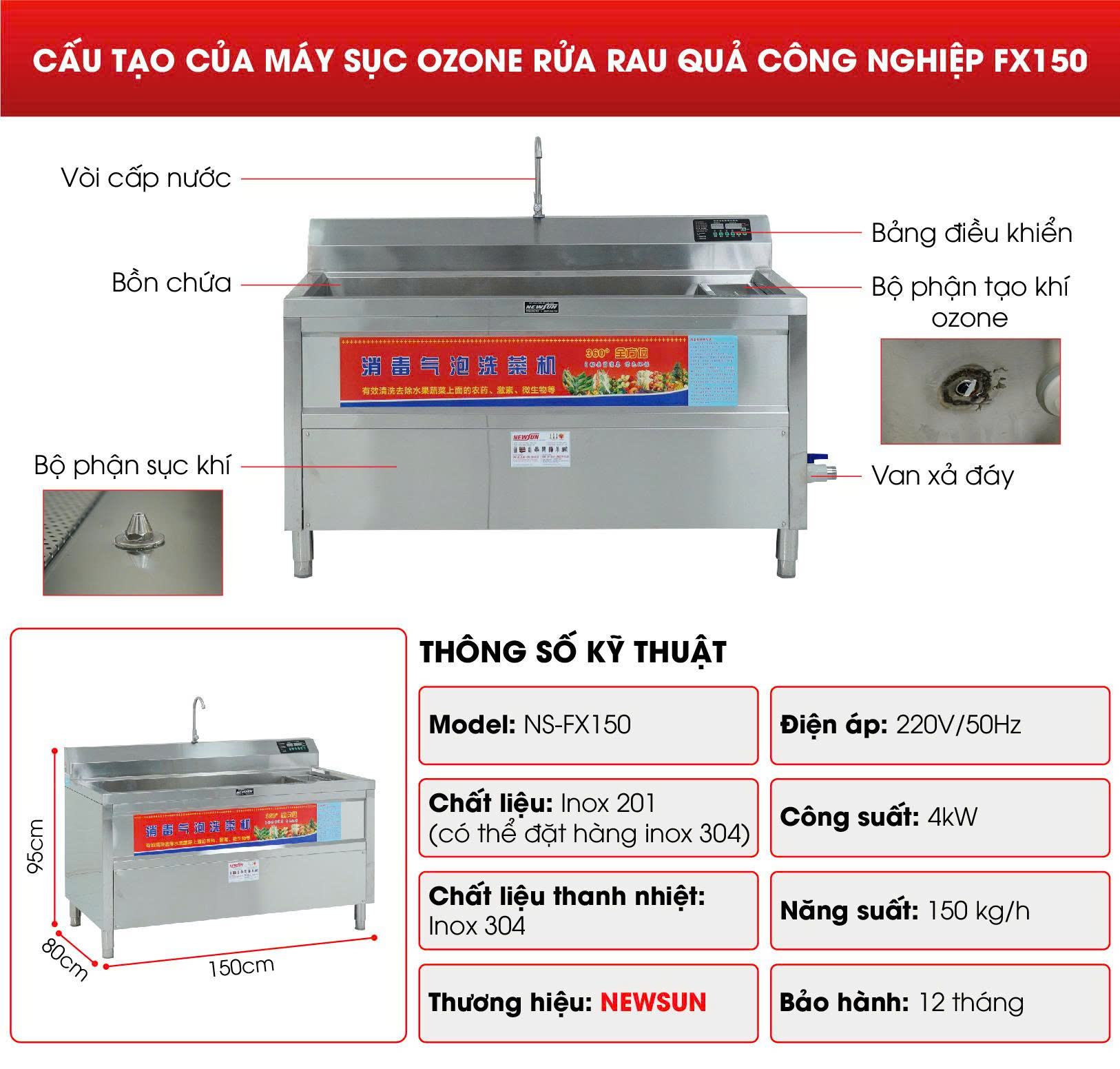 Cấu tạo máy sục ozone rửa rau quả công nghiệp FX150
