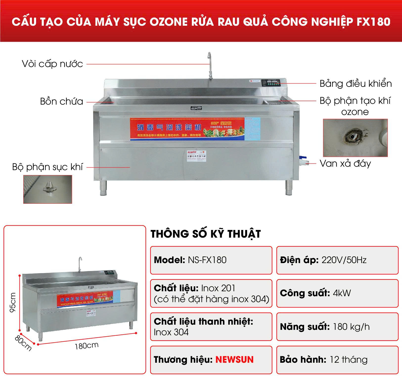 Cấu tạo máy sục ozone rửa rau quả công nghiệp FX180
