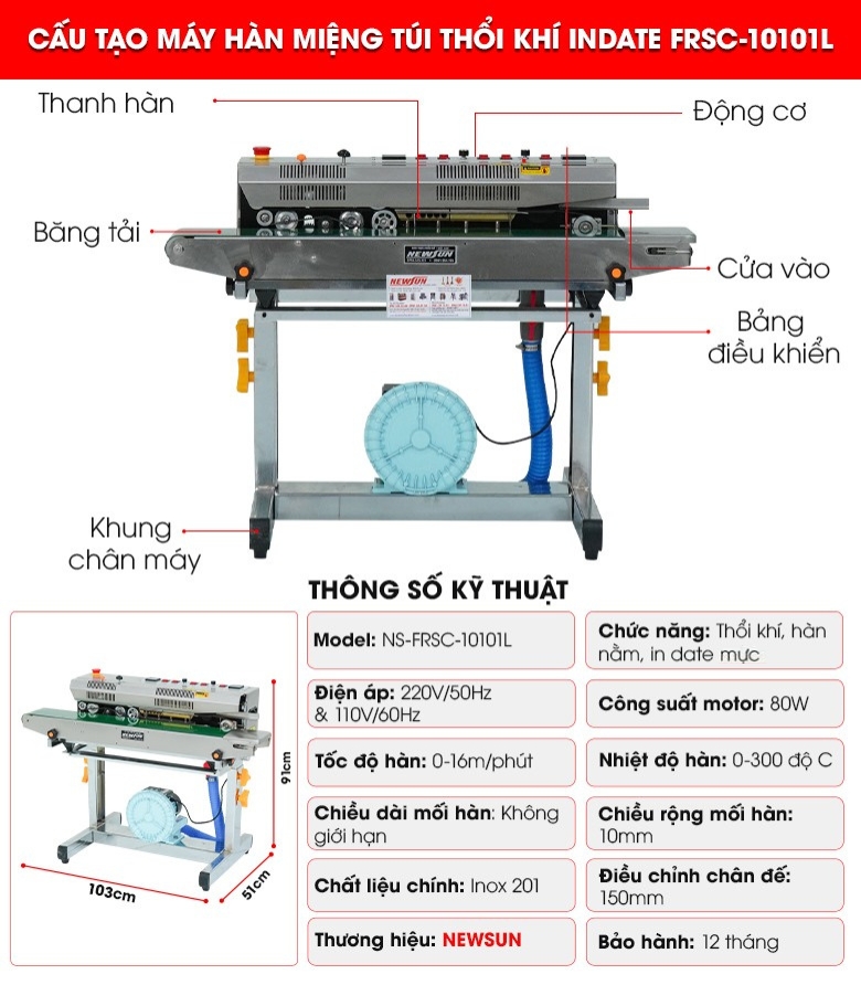 Cấu tạo của máy hàn miệng túi thổi khí in date FRSC-10101L