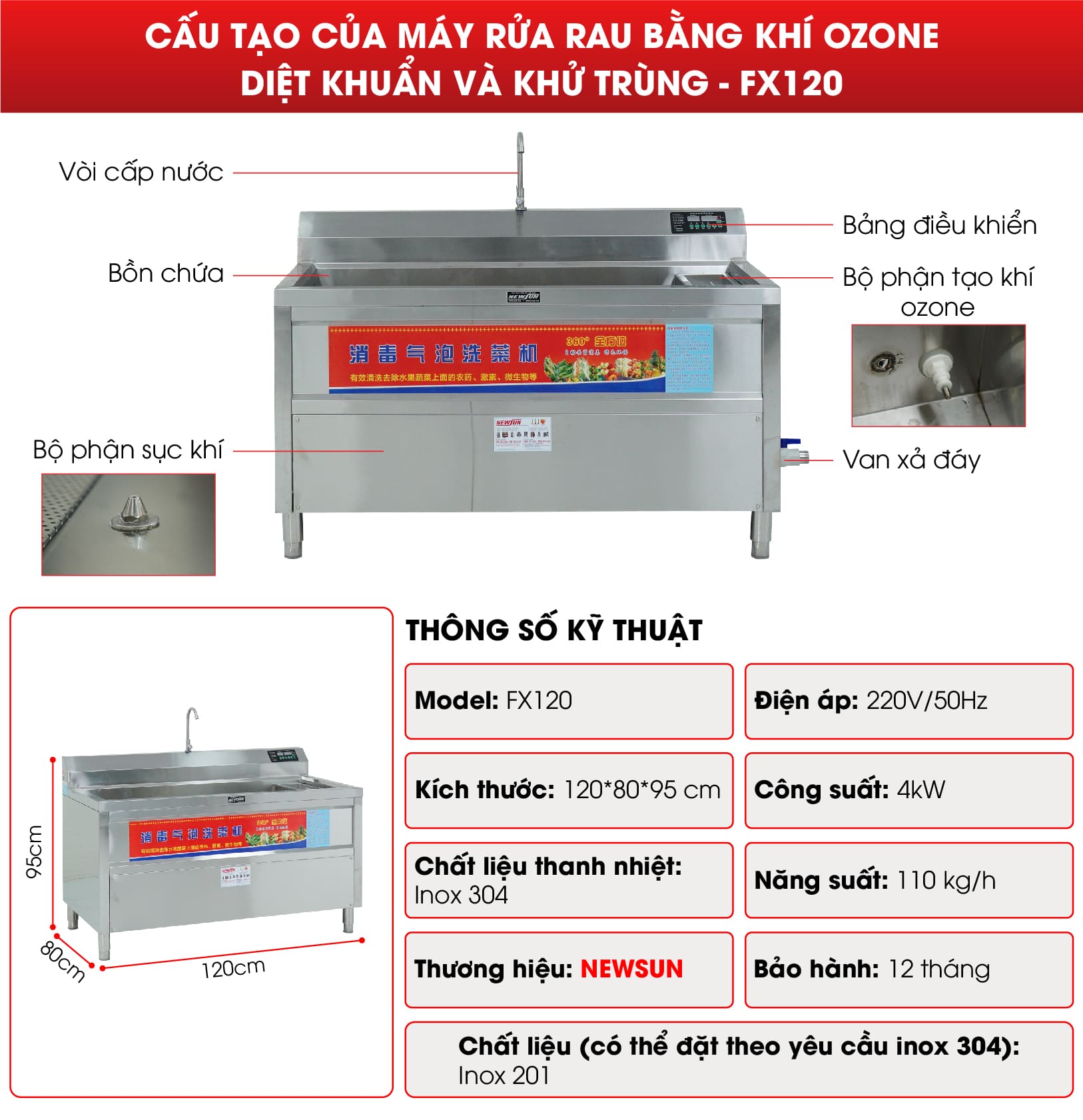 Cấu tạo máy rửa rau bằng khí ozone diệt khuẩn và khử trùng - FX120
