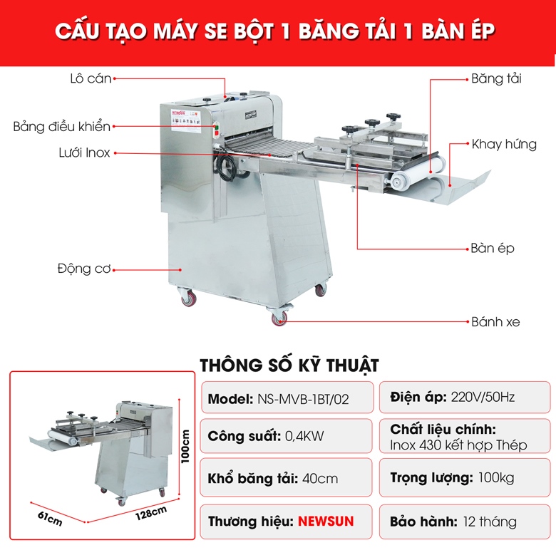 Cấu tạo chi tiết của máy se bột mì 1 băng tải 1 bàn ép