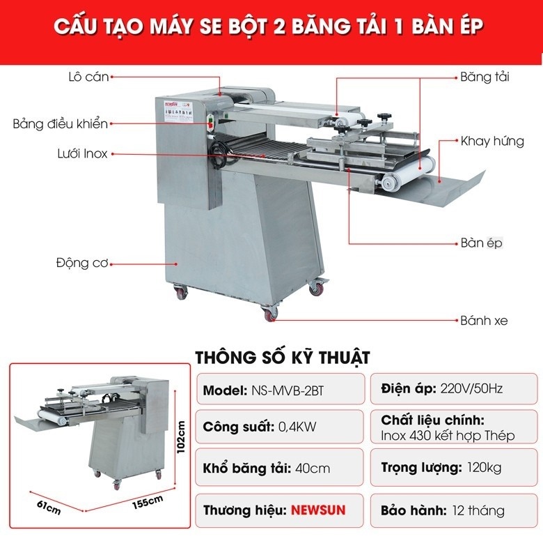 Cấu tạo của máy se bột 2 băng tải 1 bàn ép