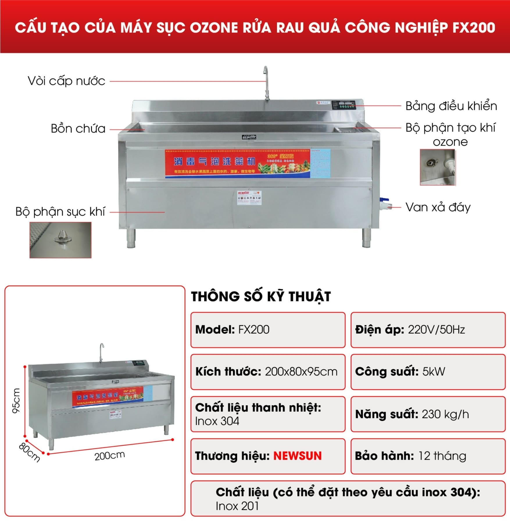 Chi tiết cấu tạo máy sục ozone rửa rau quả công nghiệp FX200
