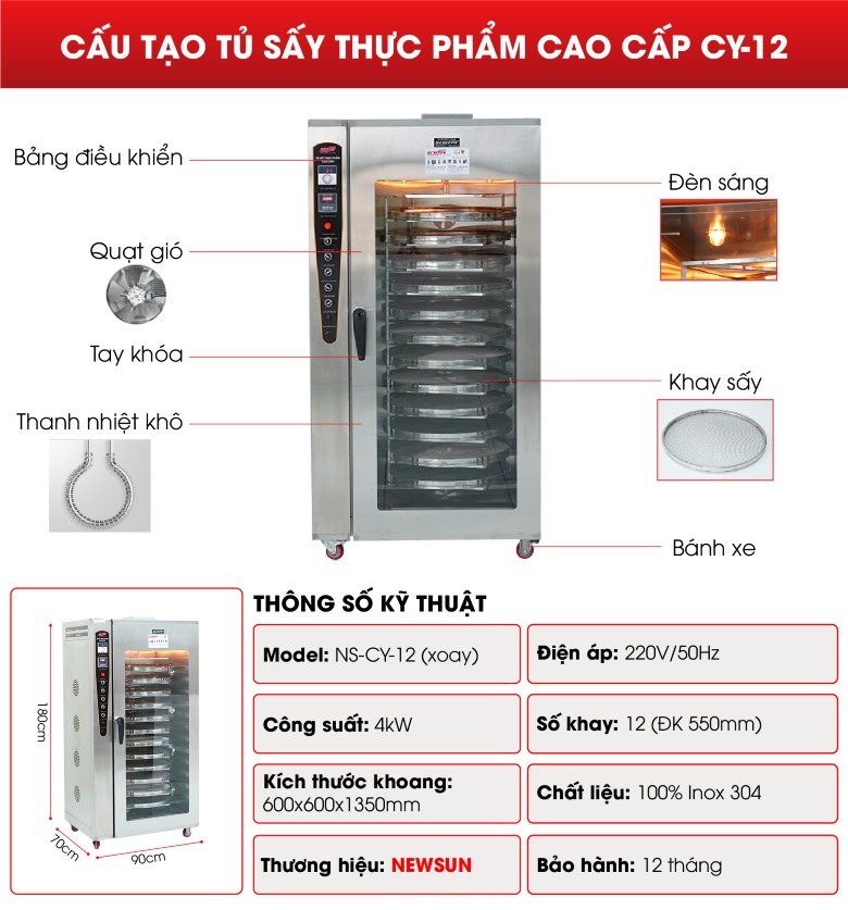 Cấu tạo tủ sấy 12 khay xoay CY-12 hàng xưởng Việt Nam