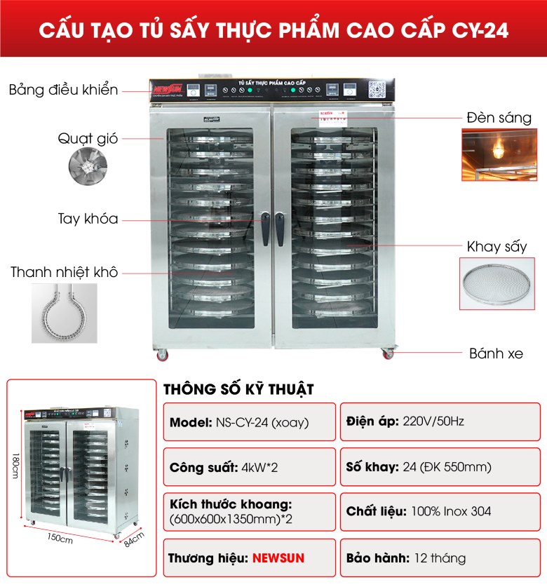 Cấu tạo tủ sấy 24 khay xoay CY-24 hàng xưởng Việt Nam