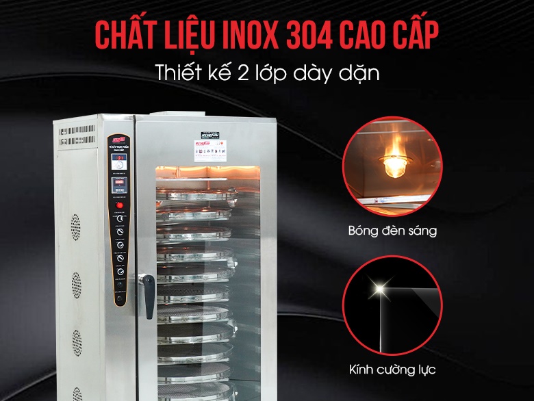 Thành tủ chế tạo từ inox 304 cao cấp, kết cấu dày dặn 2 lớp tăng thêm độ chắc chắn và khả năng cách nhiệt