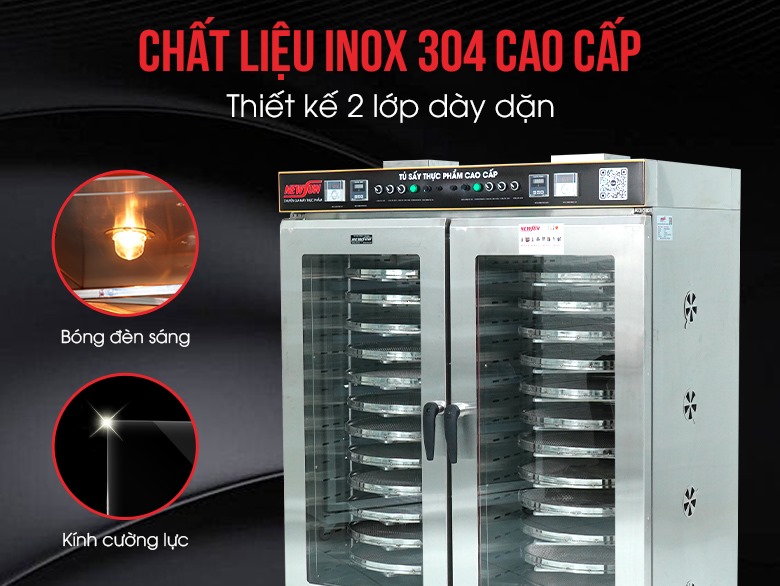 Thành tủ chế tạo từ inox 304 cao cấp, kết cấu dày dặn 2 lớp tăng thêm độ chắc chắn và khả năng cách nhiệt