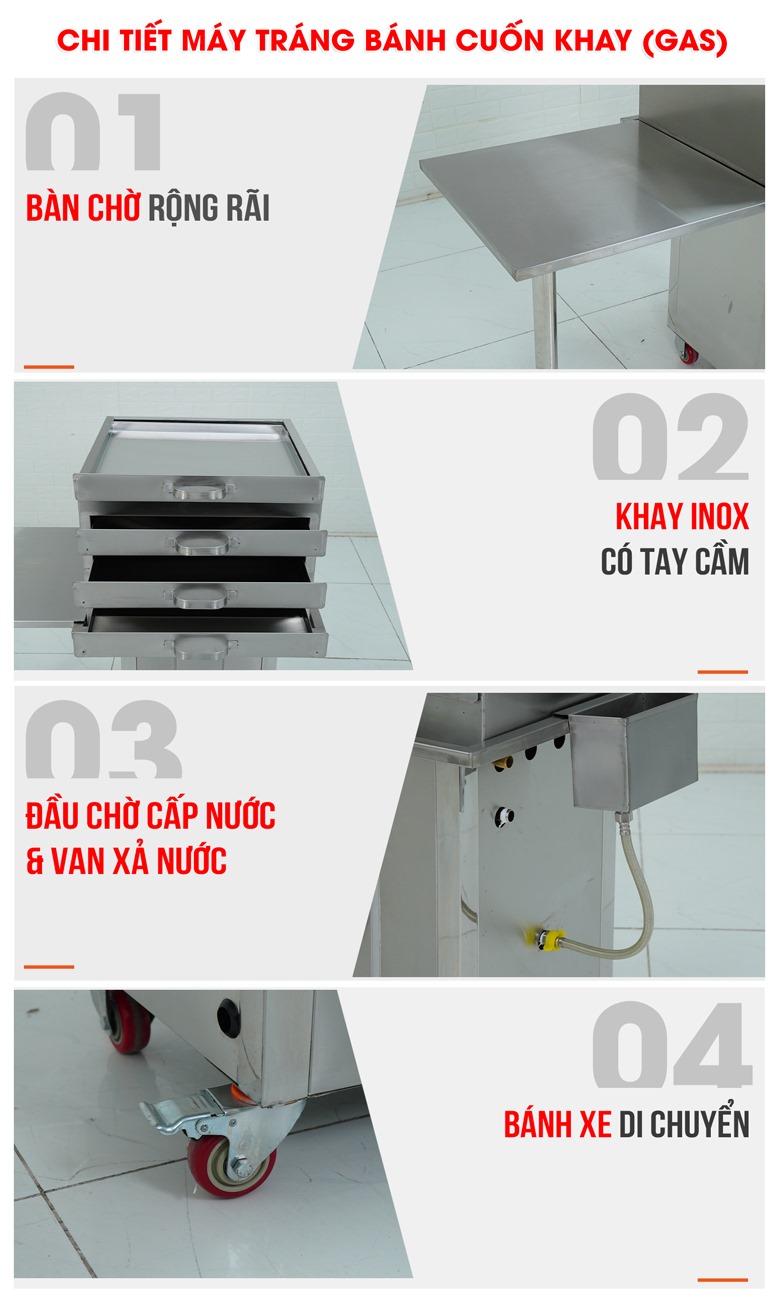 Chi tiết máy tráng bánh cuốn khay dùng gas Chi tiết máy tráng bánh cuốn khay dùng gas