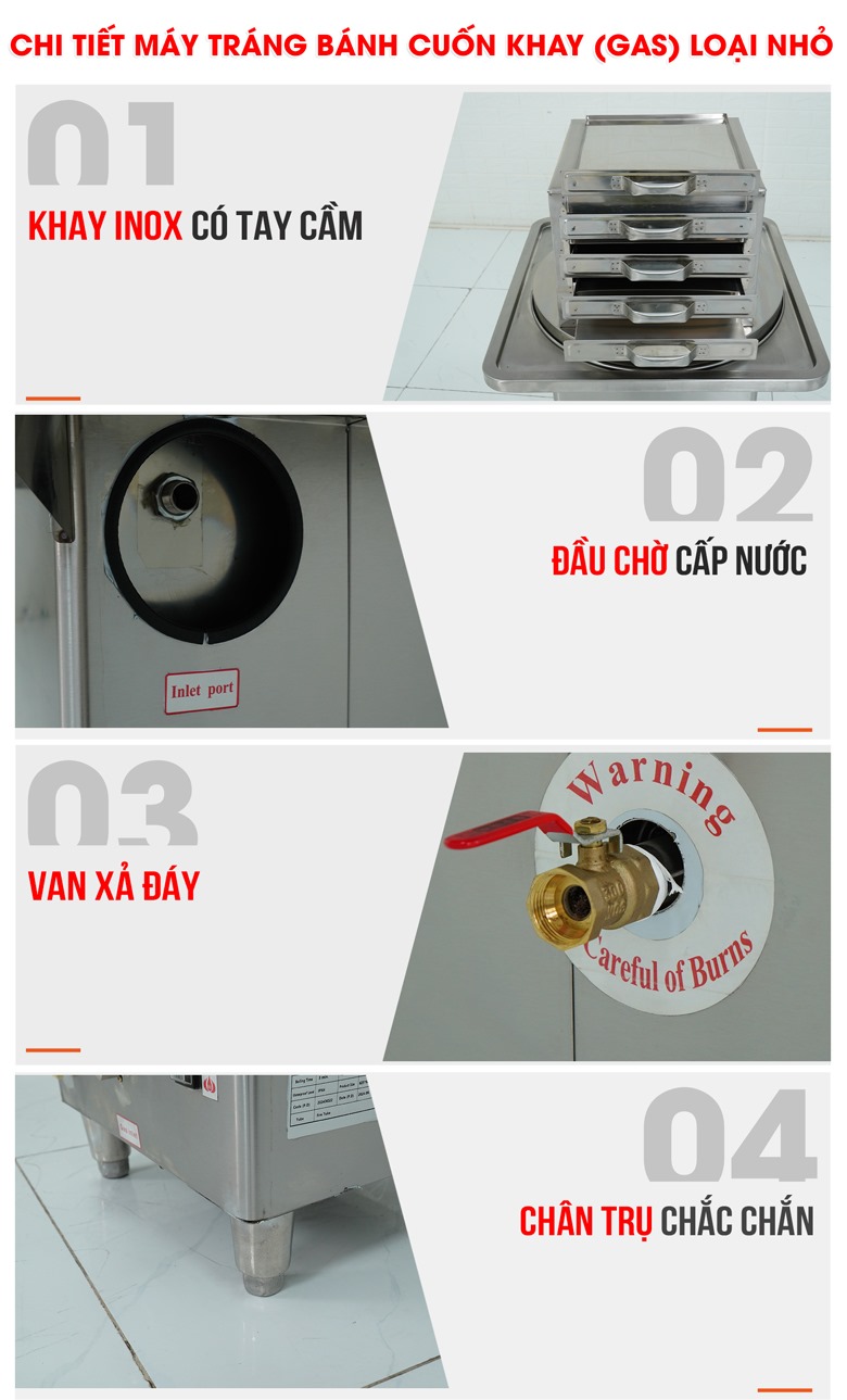 Các chi tiết của máy tráng bánh cuốn khay gas mini Các chi tiết của máy tráng bánh cuốn khay gas mini