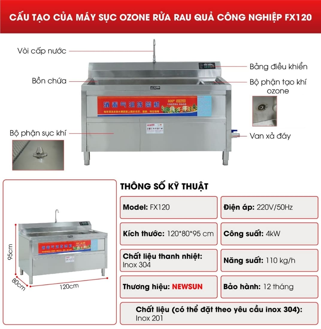 Cấu tạo máy sục ozone rửa rau quả công nghiệp FX120