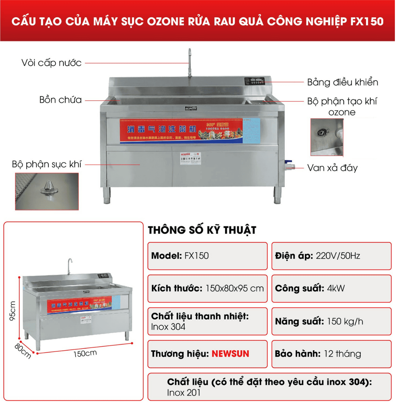 Cấu tạo máy sục ozone rửa rau quả công nghiệp FX150