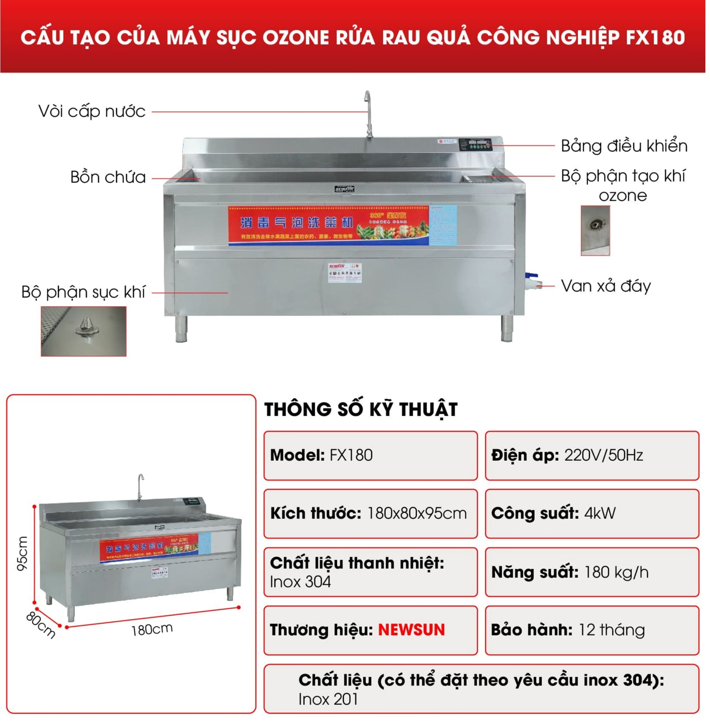Cấu tạo máy sục ozone rửa rau quả công nghiệp FX180