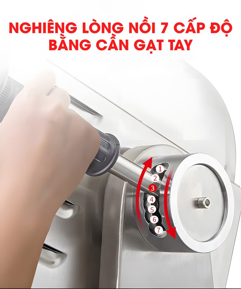 Với 7 mức độ điều chỉnh, có thể linh hoạt lựa chọn độ nghiêng của lòng nồi Với 7 mức độ điều chỉnh, có thể linh hoạt lựa chọn độ nghiêng của lòng nồi