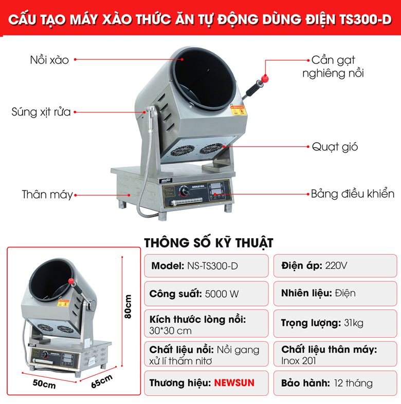 Cấu tạo và thông số của máy xào thức ăn dùng điện TS300-D Cấu tạo và thông số của máy xào thức ăn dùng điện TS300-D