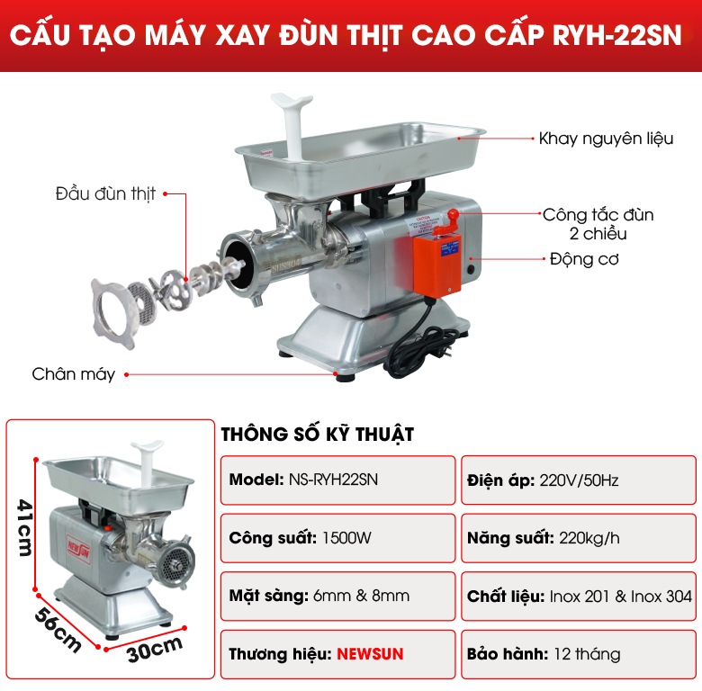 Cấu tạo máy xay đùn thịt RYH-22SN