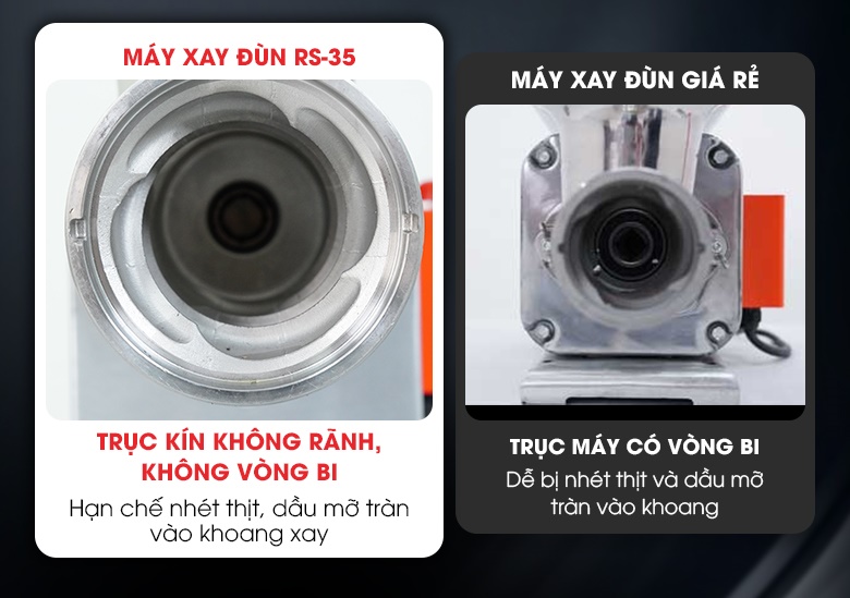 Cải tiến trục kín không rãnh, khắc phục tình trạng bị nhét thịt và dầu mỡ tràn vào khoang xay