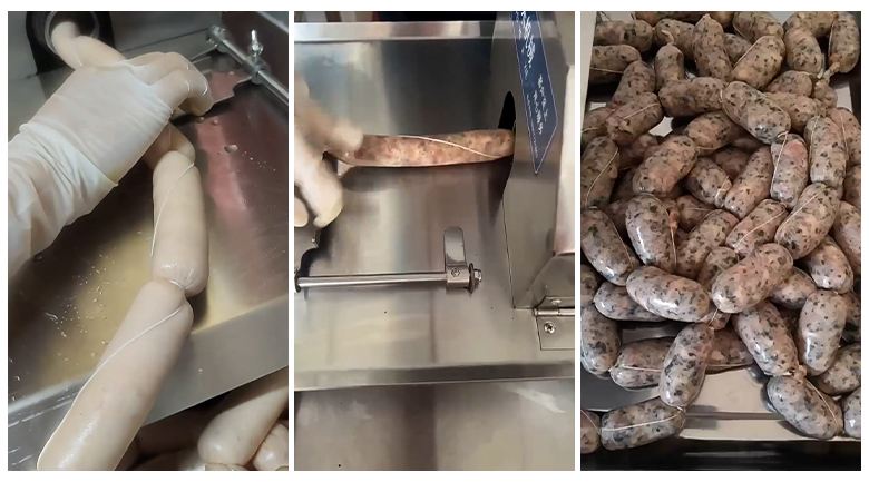 Khách hàng dùng máy để buộc chỉ xúc xích tự động Khách hàng dùng máy để buộc chỉ xúc xích tự động