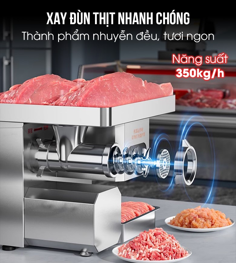 Xay đùn thịt năng suất 350kg/h, thành phẩm nhuyễn đều, tươi ngon