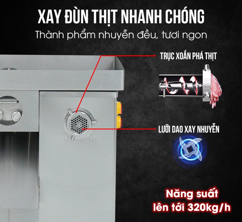 Xay đùn thịt năng suất 320kg/h, thành phẩm nhuyễn đều, tươi ngon