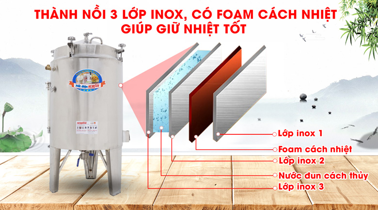 Thành nồi nấu rượu bằng inox thiết kế 3 lớp dày dặn