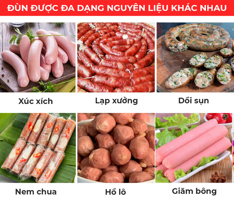 Máy đùn xúc xích còn có thể dùng để nhồi lạp lưởng, nem chua, dồi sụn,...