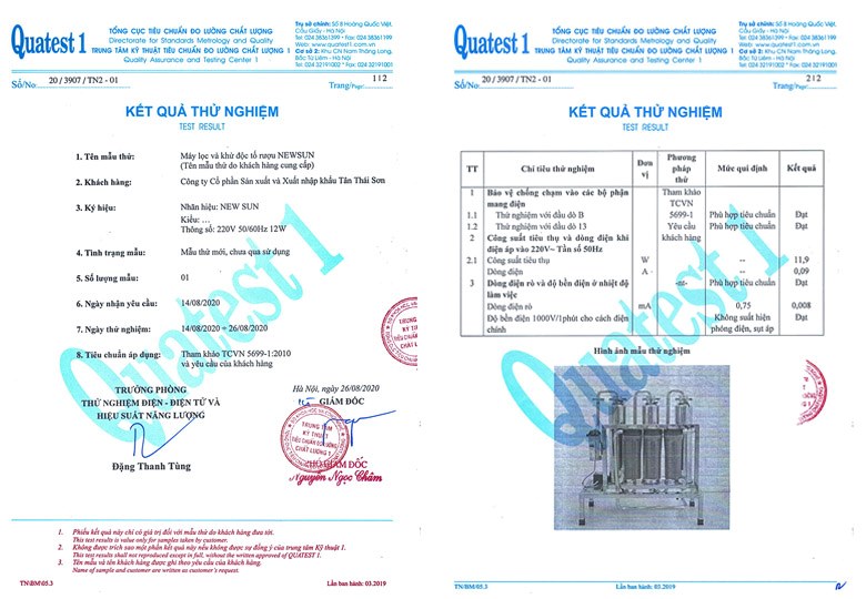 Kết quả thử nghiệm máy lọc khử độc tố rượu NEWSUN Kết quả thử nghiệm máy lọc khử độc tố rượu NEWSUN