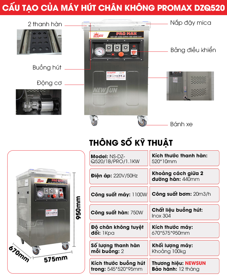 Cấu tạo máy hút chân không chà bông DZQ520 promax