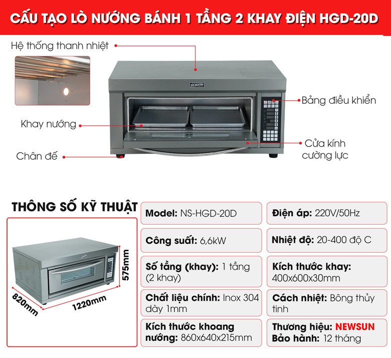Cấu tạo lò nướng bánh dùng điện 1 tầng 2 khay HGD-20D