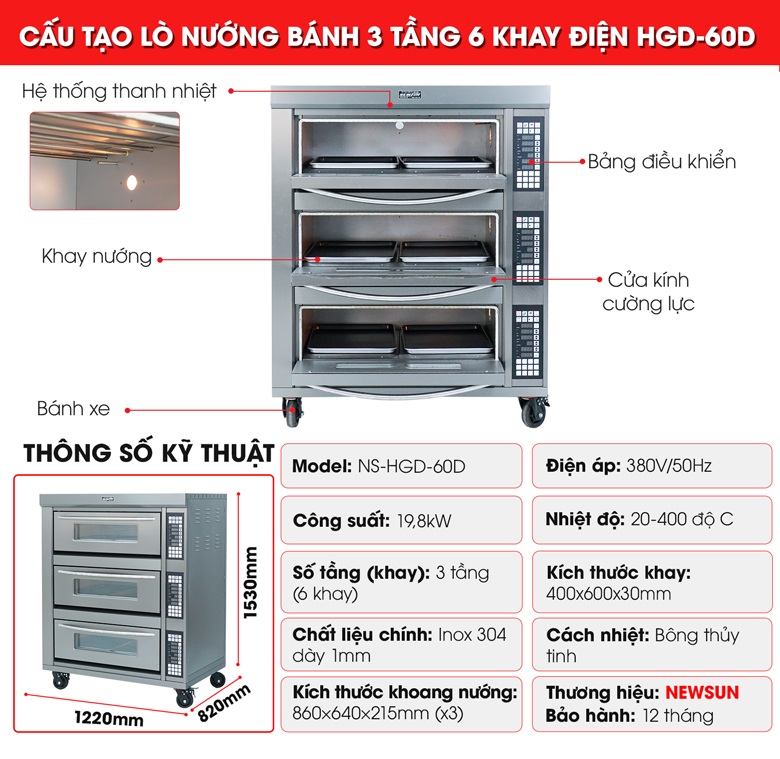 Cấu tạo lò nướng bánh dùng điện 3 tầng 6 khay HGD-60D