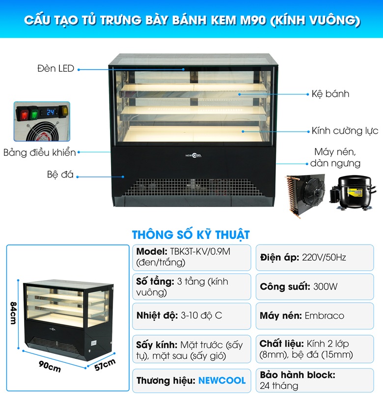Cấu tạo tủ bánh kem 3 tầng 90cm M90