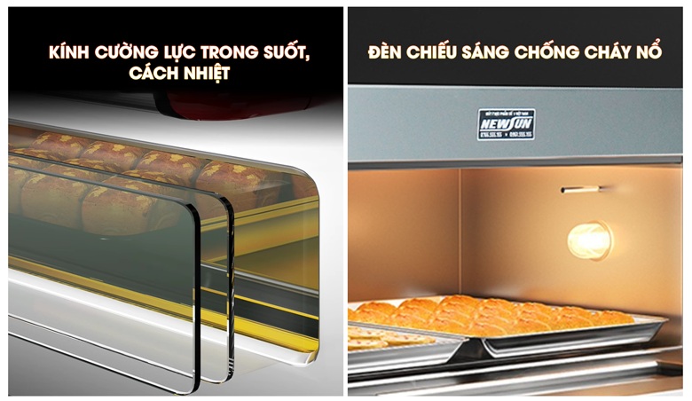Thiết kế ô kính trong suốt và đèn sáng, giúp quan sát dễ dàng quá trình nướng bánh từ bên ngoài