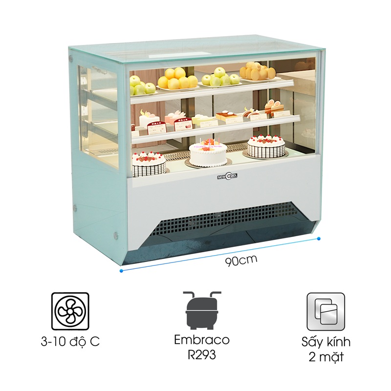 Tủ bánh kem 3 tầng 90cm kính vuông M90 (đen/trắng)