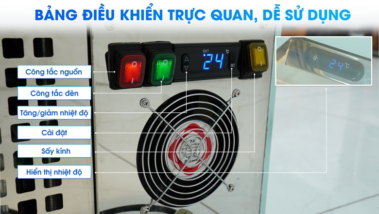 Bảng điều khiển của tủ bánh kem 3 tầng 90cm kính vuông M90