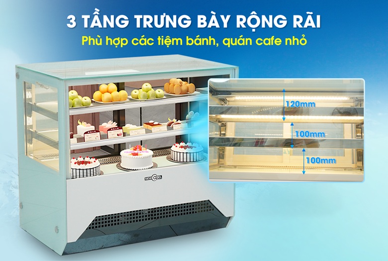 3 tầng trưng bày rộng rãi, sắp xếp được nhiều loại bánh ngọt nhỏ