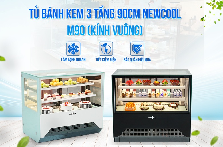 Tủ bánh kem 3 tầng 90cm kính vuông M90 (đen/trắng)