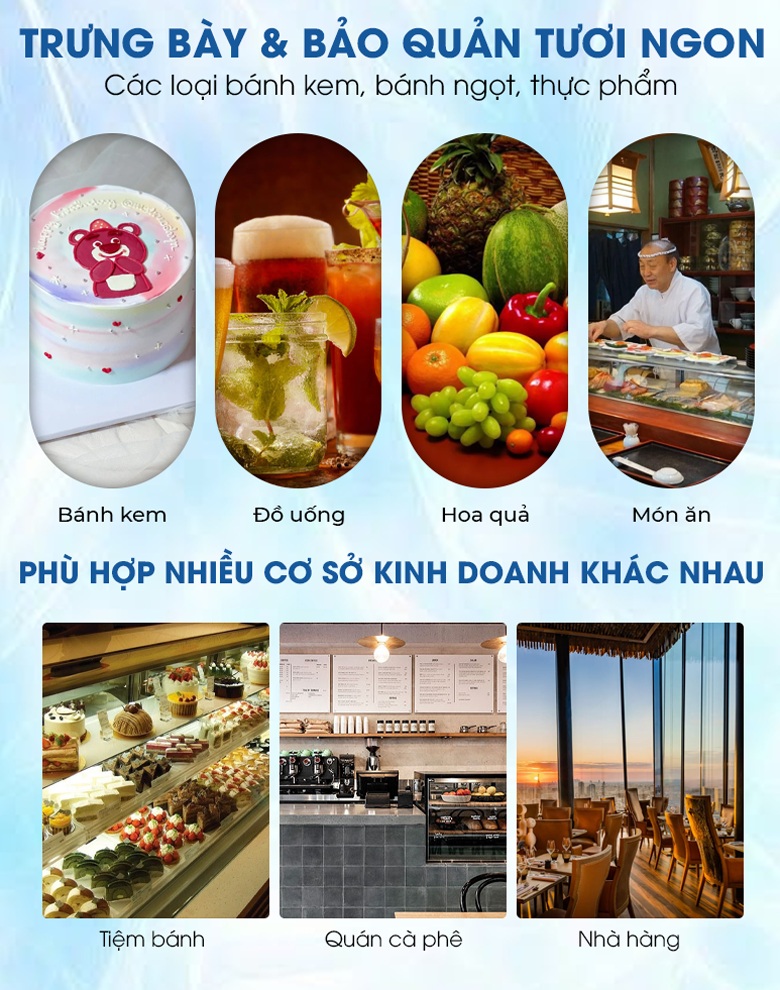 Tủ bánh kem 3 tầng 90cm M90 phù hợp với nhiều cơ sở kinh doanh khác nhau