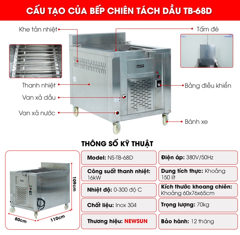 Cấu tạo chi tiết của bếp chiên tách dầu 150 lít TB-68D